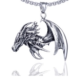 Xusamss Punk Titanium Steel Wing Dragon Pendant Necklace with 24inches Link Chain