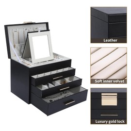 BOOVO 4 Layer Jewelry Box for Women, Jewelry Organizer Box with Necklace Hooks, 3 Drawers Jewelry Box for Sunglasses, Necklace and Bracelet Storage (Black, 4 Layer)