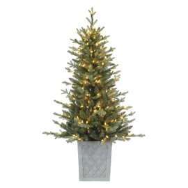 Haute Decor 4.5 Foot Barcelona Blue Spruce Potted Tree with Warm White LED Lights - Cement Gray Patterned Resin Pot