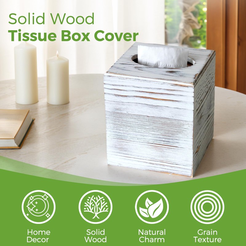 S310 Wood Tissue Box Cover, Rustic Square Tissue Box Holder