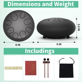 Professional Steel Tongue Drum for Adults & Kids - 6 inch Hand Percussion Instrument Rain Drum with 8 Notes for Yoga, Meditation, Music Therapy & Concerts Play (Black, 6 Inch)