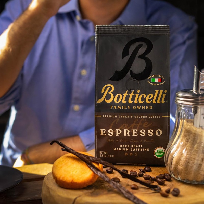 Botticelli Espresso Blend Ground CoffeeUSDA Organic, Medium Caffeine, Dark Roast