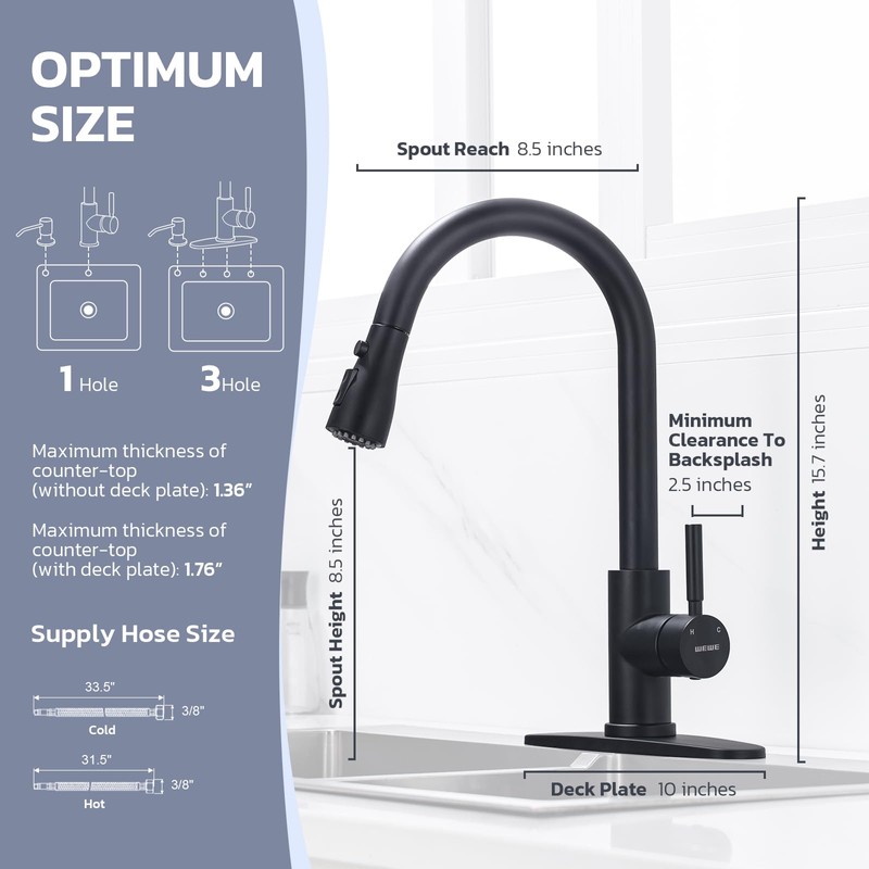 WEWE Black Kitchen Faucet with Soap Dispenser, Kitchen Sink Faucet