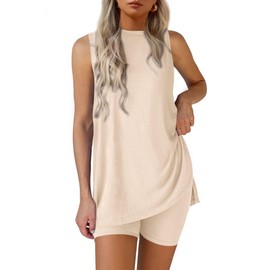 PRETTYGARDEN 2 Piece Sets for Women 2025 Summer Matching Lounge Shorts Set Resort Airport Travel Loungewear Outfits Clothing (Beige,Medium)