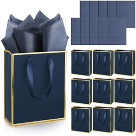 Yeaqee 10 Pack Metallic Paper Gift Bags with Handles and Tissue Paper Thank You Favor Bags for Wedding Bridal Shower Groomsmen 5 Senses Gift Bags for Him Her Birthday 9 x 7 x 3.1''(Navy Blue, Gold)