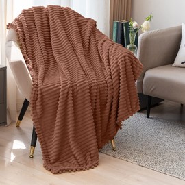 DISSA Fleece Blanket Twin Size – 60x80, Caramel – Soft, Plush, Fluffy, Fuzzy, Warm, Cozy – Perfect Throw for Couch, Bed, Sofa - with Pompom Fringe - Flannel Blanket Throw Blanket