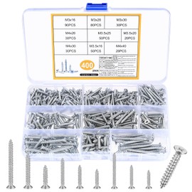 400 Pcs Wood Screws Assortment, M3 M3.5 M4 Cross Flat Head Self Tapping Screws for Plastic, Self-tapping Screw for Assembly Repairs Woodworking Furniture Concrete Masonry ScrewsSilver