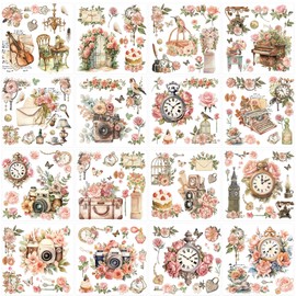 Vintage Floral Rub on Transfers for Crafts: 16 Pcs Pink Rub on Transfers for Furniture Stickers with Flowers, Clock & Camera Designs DIY Craft for Wood Glass Furniture Home Decor