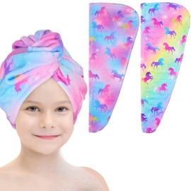 Basumee Microfiber Hair Towel Wrap for Kids 2 Pack Rapid Drying Hair Towel with Button Hair Turbans for Wet Hair Wraps Head Towel Wrap for Women and Girls, Rainbow Unicorn
