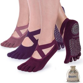 Ozaiic Yoga Socks for Women with Grips, Non-Slip Five Toe Socks for Pilates, Barre, Ballet, Fitness - Color: 3 Pairs-purple/Rose Red/Bean Red