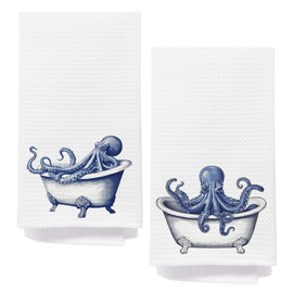 AQYIP Blue Octopus Hand Towels for Bathroom, Octopus Bathroom Decor, Nautical Ocean Sea Animal Squid Decorative Hand Towels for Washroom Restroom Bath Room, 16x24 Inch Set of 2