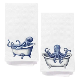 AQYIP Blue Octopus Hand Towels for Bathroom, Octopus Bathroom Decor, Nautical Ocean Sea Animal Squid Decorative Hand Towels for Washroom Restroom Bath Room, 16x24 Inch Set of 2