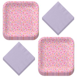 HOME & HOOPLA Sprinkles Baby Shower Party Pink Confetti Sprinkle Paper Dinner Plates and Solid Lavender Lunch Napkins (16 Plates & Napkins)