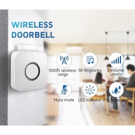 Ranzah Wireless Doorbell, 1000 FT Long Range, 58 Ring Tunes, Waterproof, Mute Mode, 5 Volume Level, Plug in Led Cordless Doorbell for Homes, Offices, Hotels