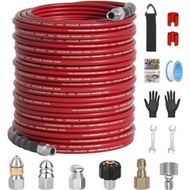 150FT Sewer Jetter Kit for Pressure Washer 5800PSI,1/4" NPT Drain Jetter Hose with 1/4" Quick Plug，3 Sewer Jet Nozzles，Spanners Teflon Tape Gloves and Spray Nozzle for Cleaning