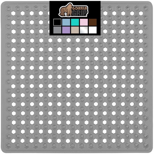 Gorilla Grip Patented Shower and Bathtub Mat, 21x21, Small Square Shower Stall Floor Mats with Suction Cups and Drainage Holes, Machine Washable and Soft on Feet, Bathroom Accessories, Gray Opaque