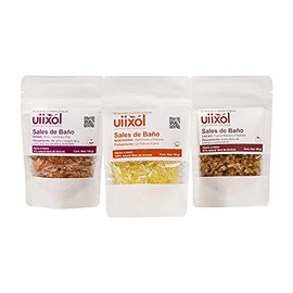 Uiixol Aceites Esenciales | Paquete de 3 Sales de Baño para Tina con Sal Marina y Sales de Epsom, Efecto Relajante y Aromaterapia, Aroma a Cacao, Mandarina y Rosas 100gr c/u.