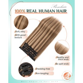 Benehair Clip in Hair Extensions Real Human Hair 14inch Double Weft Medium Brown Mixed Dark Blonde Hair Extensions Clip in Human Hair Lace Weft Straight Hair Extensions Clip ins 7pcs 100g #4P27