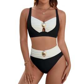Blooming Jelly Womens High Waisted Bikini Sets Tummy Control Swimsuits Color Block Two Piece Bathing Suit Retro Swimwear(L,Color Block-Black)