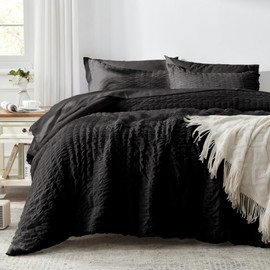 Zzlpp Black Twin Comforter Set 5 Pieces, Seersucker Bed in a Bag with Comforter and Sheets, All Season Bedding Sets with 1 Comforter, 1 Pillow Sham, 1 Pillowcase, 1 Flat Sheet, 1 Fitted Sheet