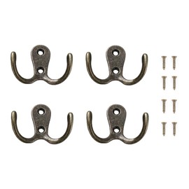 Xuamaea 4 Pcs Double Fork Vintage Coat and Hat Hook with 8 Screws,Heavy-Duty Metal Door Hook for Hanging Robes,Towels,Jackets,Shirts,Bags, and Hats-Vintage