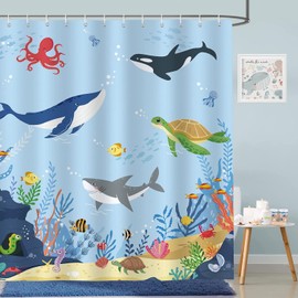 Ocean Shower Curtain, Kids Cute Shower Curtain Set Shower Curtains for Bathroom, Under The Sea Dolphin Fish Bath Curtain Waterproof Bathroom Curtain with 12 Hooks Bathroom Accessories 72"X72"