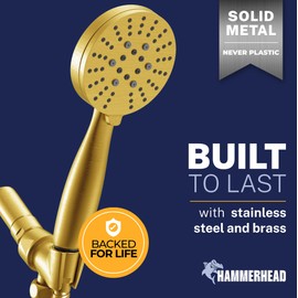 HammerHead Showers® Solid Metal 3-Spray Handheld Shower Head with Long Hose and Holder - BRUSHED GOLD - WIDE, MASSAGE, and MIST Sprays - 1.8 GPM Low Flow Handheld Showerhead - Water Saving Shower Head