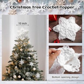 Syhood 10 Inch Snowflake Christmas Tree Topper Crochet Snowflake Farmhouse Holiday Xmas Decor for Christmas Tree Topper Ornament Party Decoration, White
