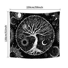 Sequpr Tree of Life Tapestry Sun Moon Tapestry Black Wall Hanging Wall Towel Wall Decoration Tapestry for Bedroom Living Room Dorm (130 x 150 cm)