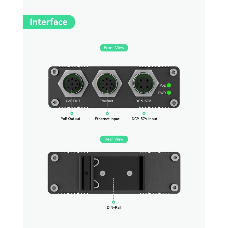 LINOVISION Industrial Gigabit M12 Interface BT90W PoE++ Injector supports 9~57VDC