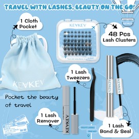 KevKev Lash Extension Kit for Travel, Portable Eyelash Extension Kit, Lash Clusters Kit 40Pcs Eyelash Clusters with Lash Bond and Seal Remover Tweezers Organizer Bag (Cloudy, D-8-16mix Kit)
