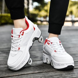 Roller Skate Shoes for Women Four Rounds Children's Roller Skates Shoes That Turn into Rollerskates Sneakers Outdoor Light Shoes with Wheels for Girls/Boys (White Red, US 8.75)