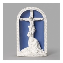 Roman Della Robbia Mary Weeps at Crucifix Standing Cross, 12-inch Height, Religious Decoration