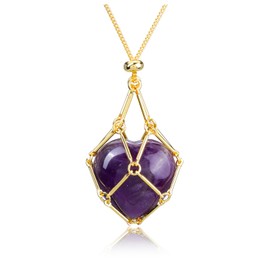 CrystalTears Amethyst Crystal Heart Necklace Natural Healing Crystal Gemstone Holder Necklace Gold Adjustable Cage Necklace Quartz Healing Stone Necklace Jewellry Gifts for Women Men