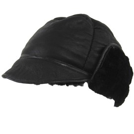 SNUGRUGS Mens Black Real Sheepskin Stud Trapper Hat. Leather Bound with Single Top Panel. (Medium - 60cm)