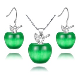 Uloveido Teacher Moms Jewelry Set Gift White Gold Plated Dark Green Apple Earrings Drop Necklace with Cubic Zirconia Stone for Women YL007