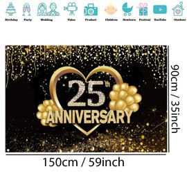 Happy 25th Anniversary Backdrop Decorations, Happy 25th Anniversary Banner, 25th Wedding Anniversary Party Poster Accessories Fabric Sign Poster, Black Gold Anniversary Keko Photo Background