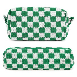 Aucuu 2 Pcs Makeup Bag Checkered Cosmetic Bag & Pencil Case, Portable Travel Toiletry Bag with Premium Zipper, Fashion Makeup Storage Bag for Women Girls - Large Capacity (Green)