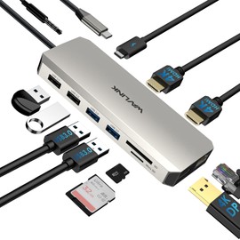 WAVLINK USB Type-C Hub, HDMI 4K Output, Mini Docking Station, 12-in-1 Multi-function USB 3.0 Converter Adapter, 2 x USB 3.0 Ports, 2 USB 2.0 Ports, LAN Ports, RJ45 (1000Mbps), DP 4K60Hz, 2 x HDMI/PD