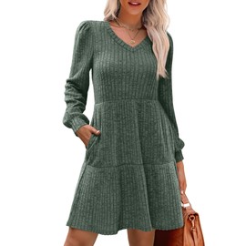SAMPEEL Womens Dresses V Neck Casual Christmas Long Sleeve Winter Dress with Pockets 2025 Green M