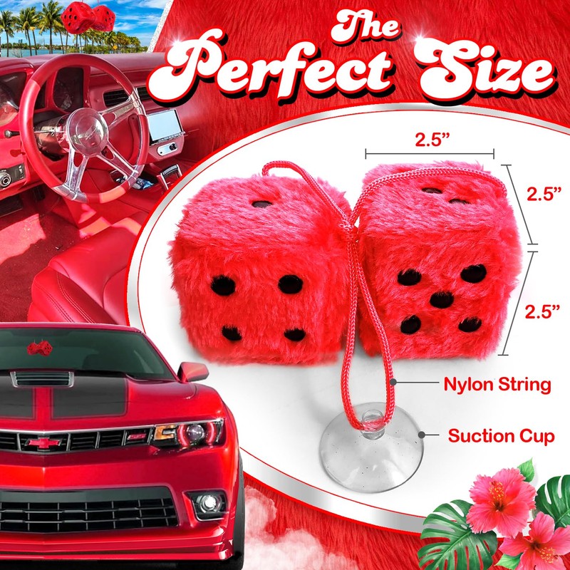 Red Fuzzy Dice for Car - Rear View Mirror Plush
