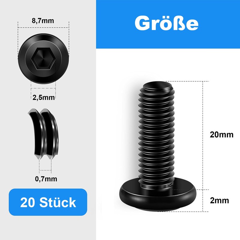 Pack of 20 M4 screws, M4 x 20 mm flat
