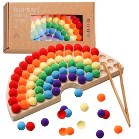 OESSUF Wooden Peg Board Beads Game Wooden Clip Beads Game Rainbow Ball Elimination Game Toy Colour Classification Fine Motor Skills Montessori Educational Toy (Rainbow Colour)