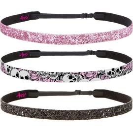 Hipsy Adjustable No Slip Skinny Bling Glitter & Fashion Printed Headbands 3-pack for Women Girls & Teens (Black/Pink Skulls/Pink)