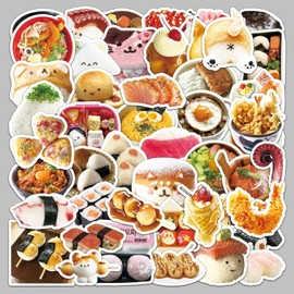 50Pcs Cute Sushi Roll Kawaii Japanese Food Vinyl Waterproof Stickers,Japanese Cuisine Stickers for Party Decorations,Gift Pack for Kids, Girls, Teens, Adults (JCuisine)