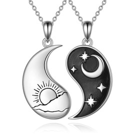 VONALA Yin-Yang Necklace for Men and Women Sterling Silver Couples Friendship Chain Sun and Moon Necklace Black and White BFF Necklace for 2 Pairs Necklace Jewellery Gift, Sterling Silver
