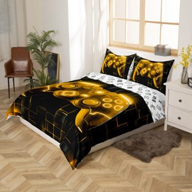 Kids Gamer Duvet Cover Set Twin Size, Black Gold Grid Game Console Comforter Cover, Video Gaming Bedding Set for Boys Teens Room Decor, Reversible Gamepad Bedspread Cover, 1 Pillowcase, No Comforter