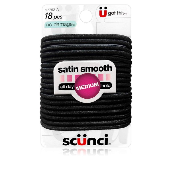 Scunci Satin Smooth No-Damage Hair Elastics, All-day Medium Hold, Black, 18-Pieces (1-Pack)