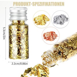 8-teiliges Nail Charms Gold, Nagelsticker Gold SetBlattgold Deko Flakes zum Basteln mit 6 Flakendöschen (3 Farben) + 2 Pinzetten für Nail Art, Make-up & Kunst