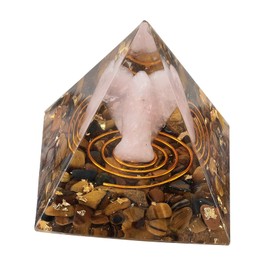 KYEYGWO Tiger's Eye Positive Energy Pyramid Gemstone with Rose Quartz Angel Figures, Stone Guardian Angel Pyramid Reiki Healing Crystal Pyramid Desktop Ornament Home Decor